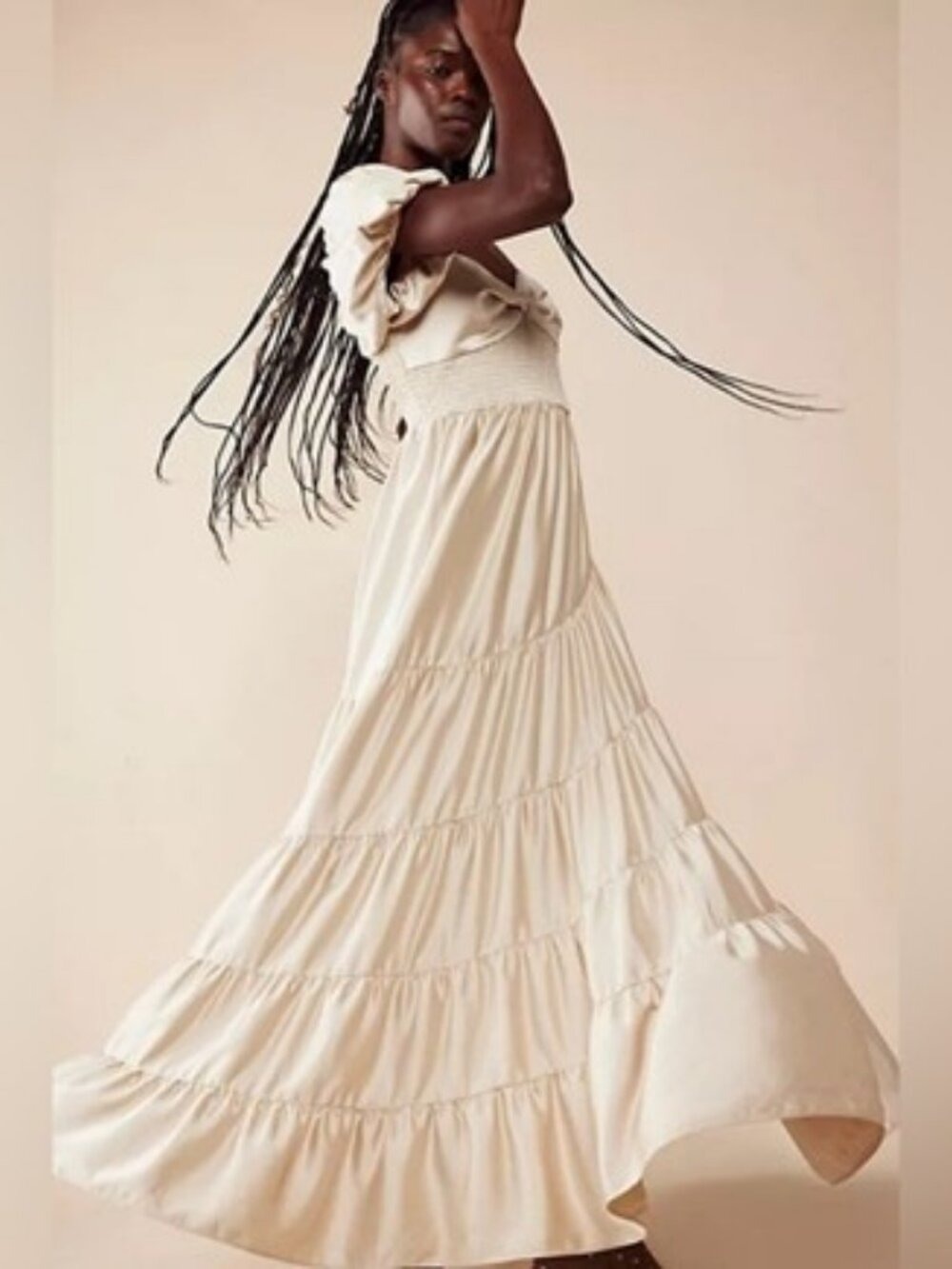 Free People Silky Maxi Dress Ivory Boho Smocked Romantic Short Sleeve M - Picture 3 of 11